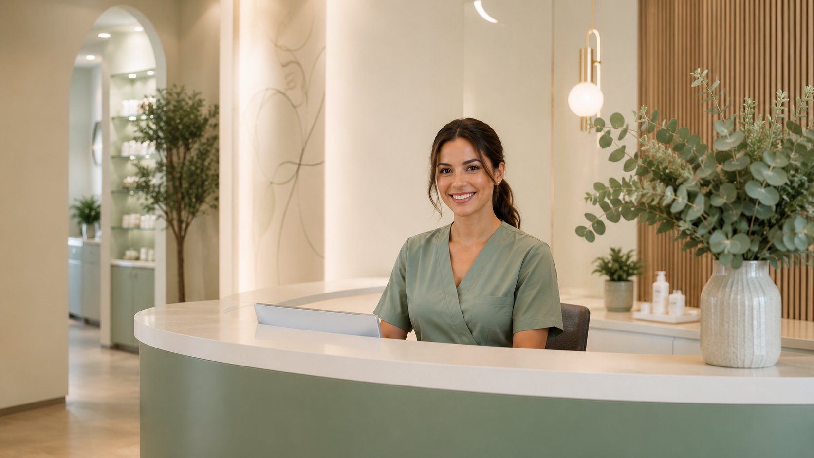 Recepção acolhedora de clínica de dermatologia com a Secretária IA cuidando do atendimento