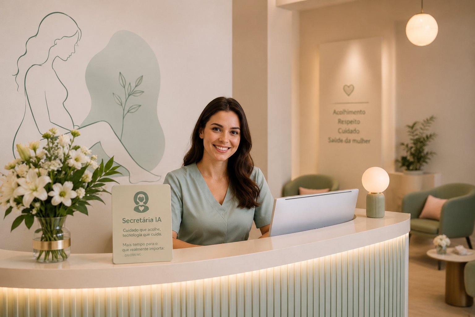 Recepcionista sorridente em clínica da mulher acolhedora, com a Secretária IA cuidando do atendimento